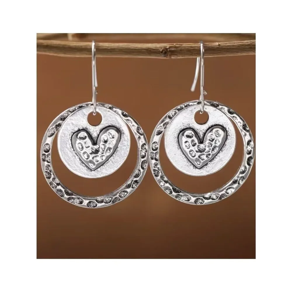 Minimalist Bohemian Hammered Hoops Floating Artisan Style Heart Earrings